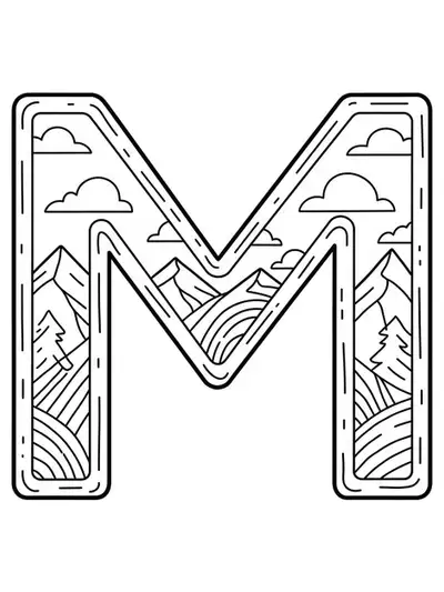 Easy coloring page for adults of letter M with simple mountain and cloud outlines.