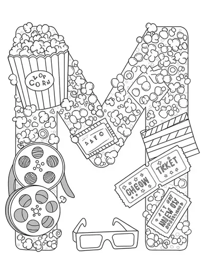 Coloring page of the letter M surrounded by popcorn buckets, film reels, 3D glasses, and movie tickets.