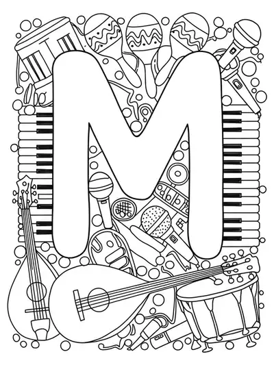 Easy coloring page of letter M surrounded by musical instruments with simple outlines for adults.