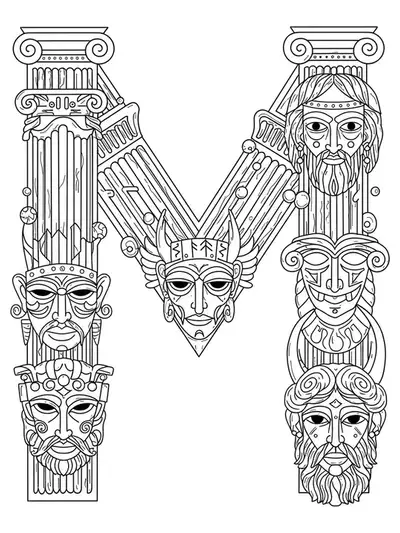 Line art coloring page of the letter M with mythological symbols such as Greek columns, Norse runes, and ancient masks around it.