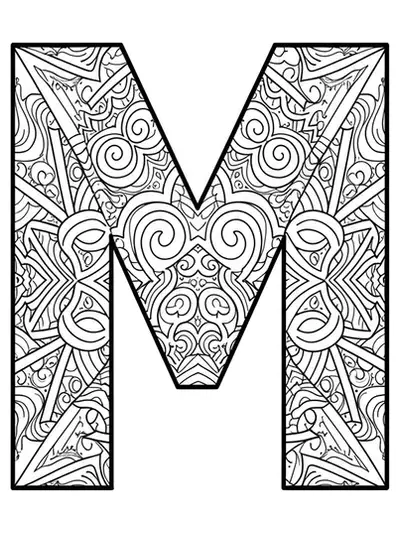 Letter M filled with complex optical illusion and geometric patterns for teens.