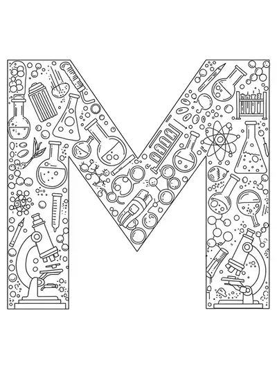Letter M illustrated with detailed science lab equipment, molecules, and chemical patterns.
