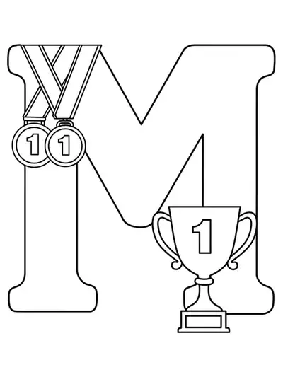 Large letter M decorated with medals and a trophy, sports theme for preschool coloring.