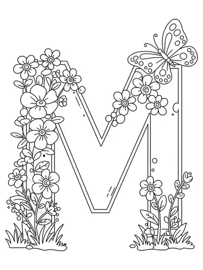 Large letter M with simple flowers and a butterfly, designed for easy coloring by preschool children.