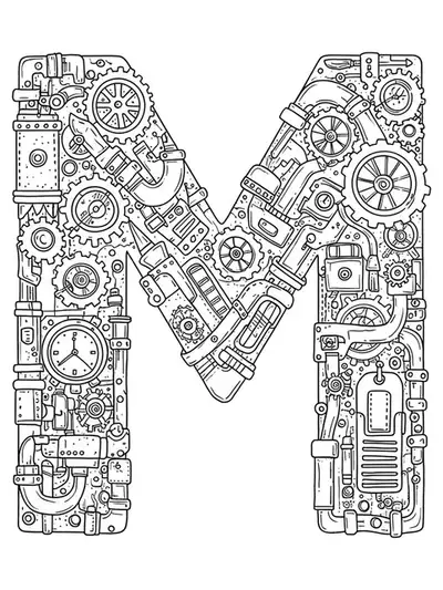 Letter M filled with intricate steampunk gears, cogs, and mechanical patterns.