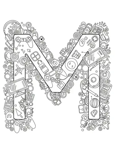 Letter M surrounded by detailed tech gadgets, gaming controllers, and digital icons.