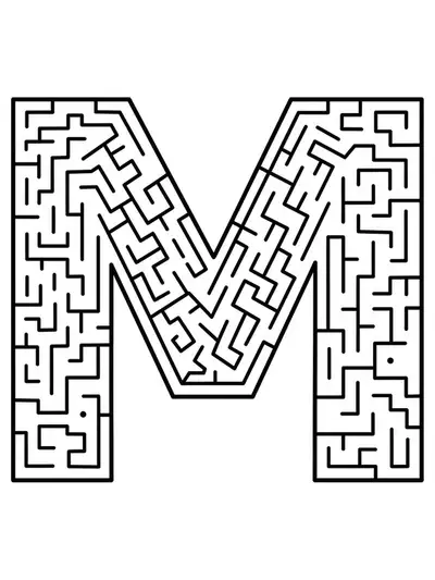 Intricate letter M coloring page with urban graffiti and maze patterns for teens.