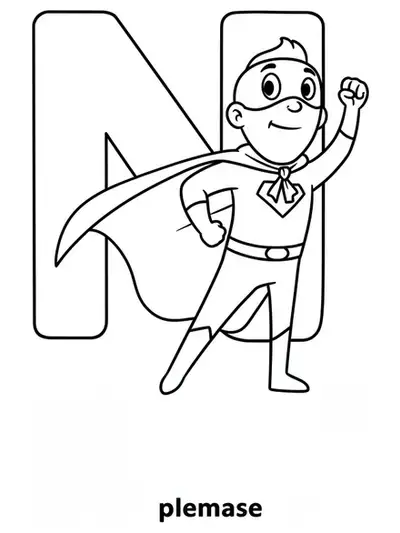 Large letter N with a smiling superhero character in a cape striking a pose.