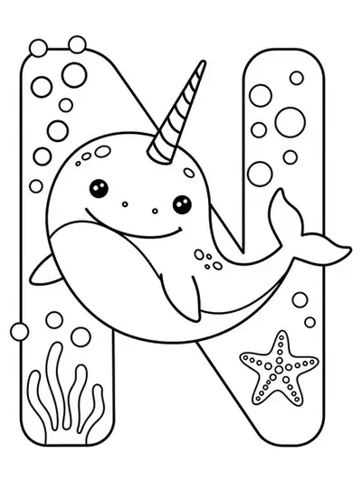 Large letter N with a smiling narwhal, bubbles, and starfish, medium detail for preschoolers.