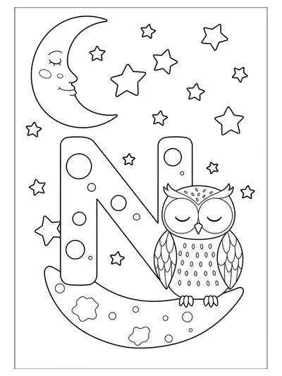 Letter N with a crescent moon, stars, and a sleepy owl, medium details for preschool coloring.
