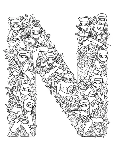 Dynamic letter N surrounded by detailed ninjas, ninja stars, and martial arts action patterns for coloring