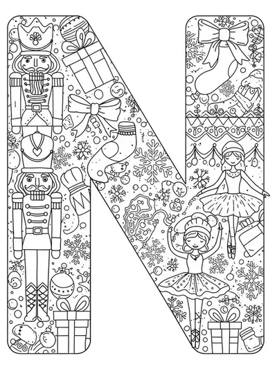 Decorative letter N with detailed nutcrackers, ballerinas, and snowflake patterns for coloring