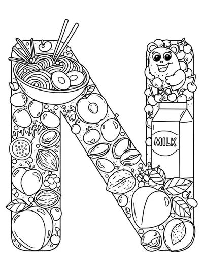 Large letter N with noodles, nuts, nectarines, and milk, medium details, for preschool coloring.