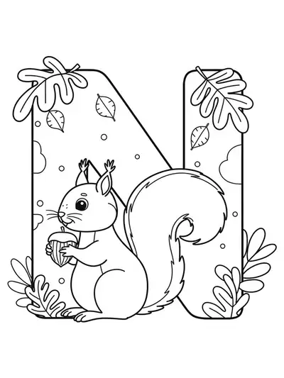Large letter N with a squirrel holding a nut, surrounded by leaves, for preschool coloring.