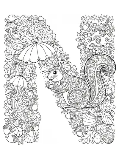 Detailed letter N with playful squirrels, swirling autumn leaves, and acorns for coloring