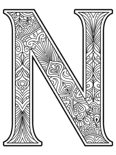Letter N filled with intricate Art Deco geometric patterns and elegant overlapping designs.