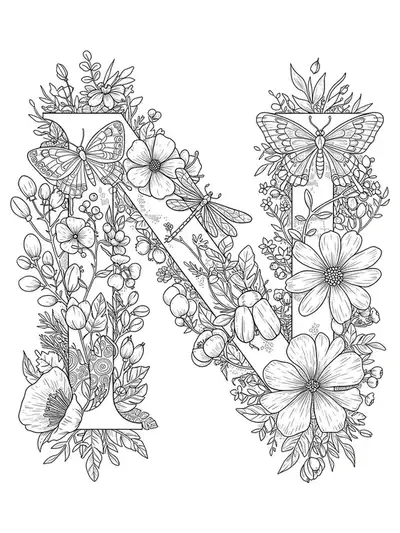 Letter N intricately decorated with botanical flowers, leaves, and realistic insects like butterflies and beetles.