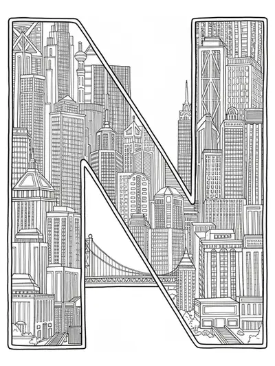 Letter N with an intricate city skyline, detailed skyscrapers, bridges, and architectural elements.