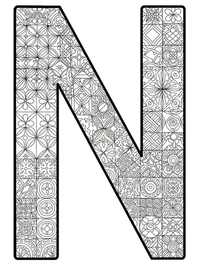 Letter N embellished with detailed mosaic tile patterns from various world cultures.