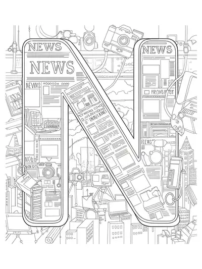 Letter N placed in a lively newsroom with headlines, laptops, cameras, and cityscape.