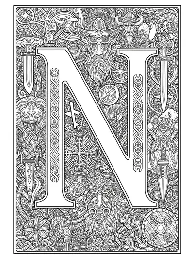 Letter N decorated with Nordic runes, mythical creatures, and Viking motifs.