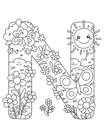 Large letter N surrounded by simple flowers, a butterfly, and a smiling sun on a grassy patch.