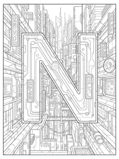 Letter N integrated into a complex cyberpunk cityscape with neon signs, skyscrapers, and digital patterns.