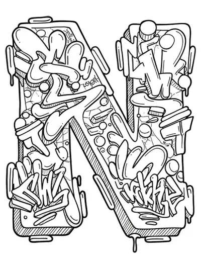 Letter N in complex graffiti style with overlapping tags, urban motifs, and spray paint details.