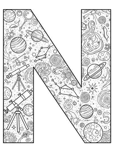 Intricate letter N surrounded by constellations, telescopes, planets, and stars for coloring