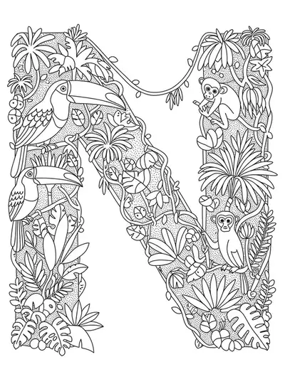Intricate letter N with jungle leaves, vines, and animals like toucans and monkeys for coloring