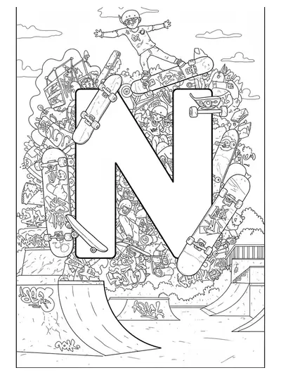 Letter N surrounded by intricate skateboards, ramps, graffiti, and urban scenery.