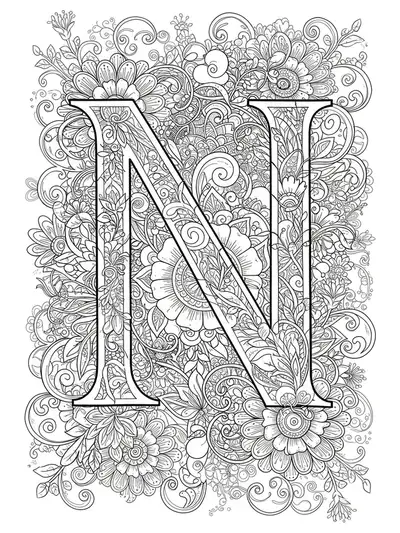 Black and white mandala garden patterns forming and surrounding the letter N, with flowers and vines.