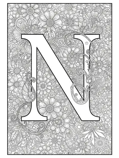 Intricate letter N surrounded by detailed mandala garden patterns, flowers, and vines for adult coloring.