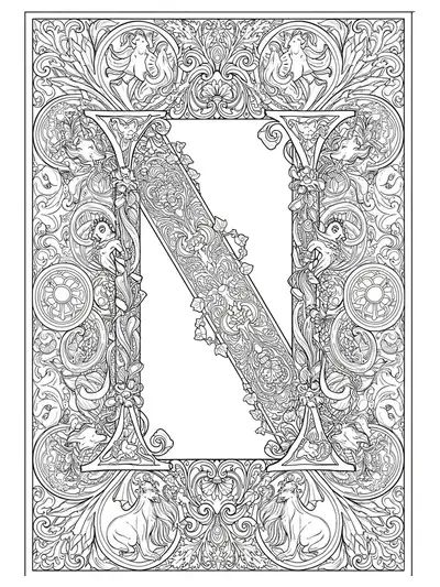 Letter N surrounded by elaborate medieval tapestry patterns, mythical creatures, and ornate borders.