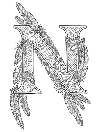 Letter N with geometric and tribal patterns, including feathers and lines woven throughout.