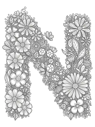 Intricate coloring page with letter N surrounded by detailed garden plants, flowers, and butterflies for preschoolers.