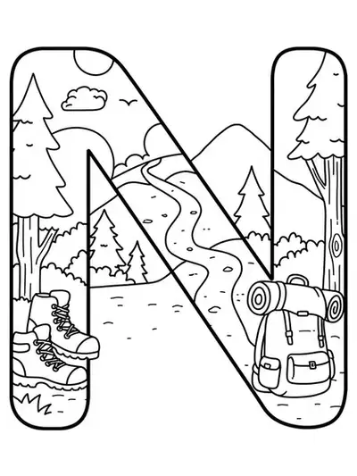 Easy outline of letter N with hiking boots, backpack, and trees in a simple nature scene.