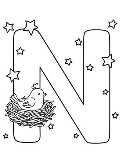 Large letter N with a nest, bird, and stars for coloring