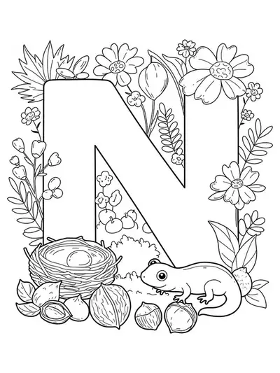 Large letter N decorated with nests, newts, nuts, and flowers, medium detail, for preschool coloring.