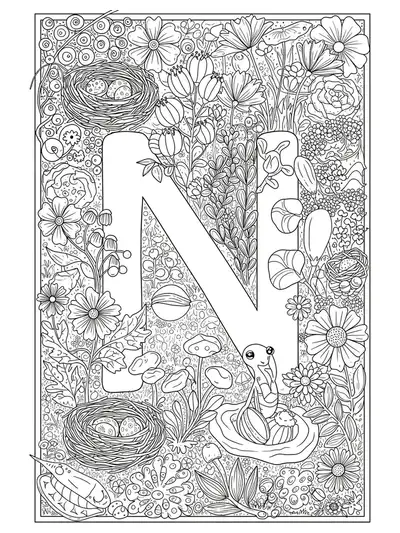 Letter N surrounded by nature elements like nests, newts, and nut trees, designed for kids to color.