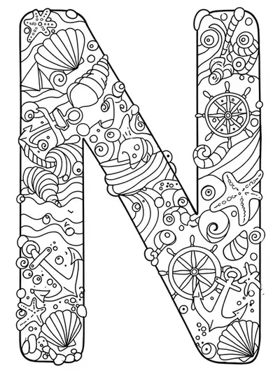 Letter N with nautical elements like anchors, waves, and ship wheels in detailed line art.