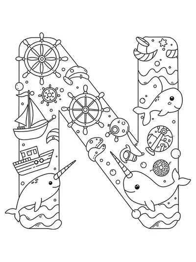 Letter N on a nautical scene with ships, navigation wheel, narwhal, and waves for coloring.