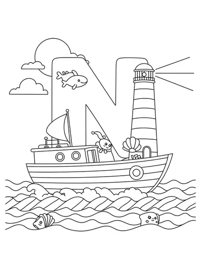 Big letter N on a boat with waves, lighthouse, and sea creatures, medium detail for preschool coloring.