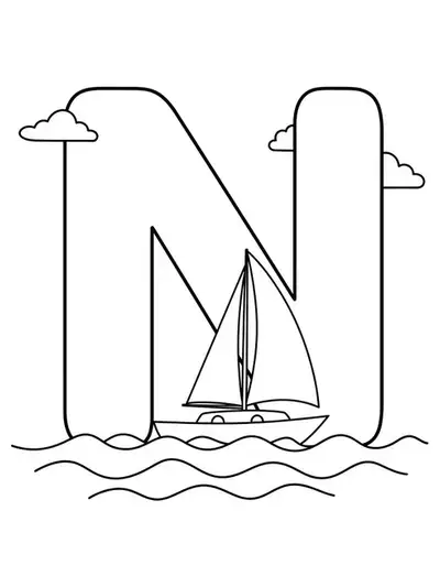 Large letter N with a simple sailboat on water for coloring