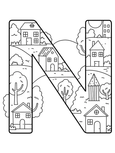 Large letter N with houses and trees from a neighborhood for coloring