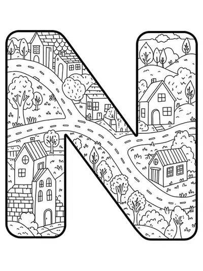 Letter N among several houses, trees, and a street, medium detail, for preschoolers to color.