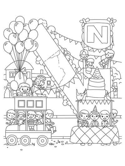 Letter N with a festive neighborhood parade, children, balloons, and floats for coloring.