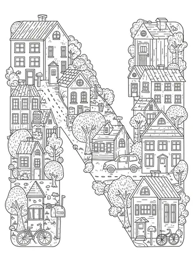 Intricate letter N with detailed houses, street, trees, bikes, and community features for coloring