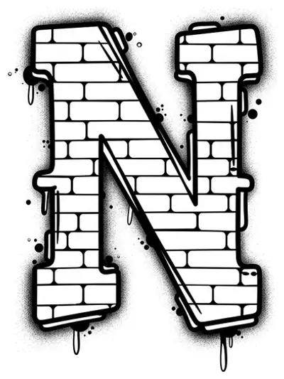 Simple black and white graffiti-style letter N with bold outlines for easy coloring.