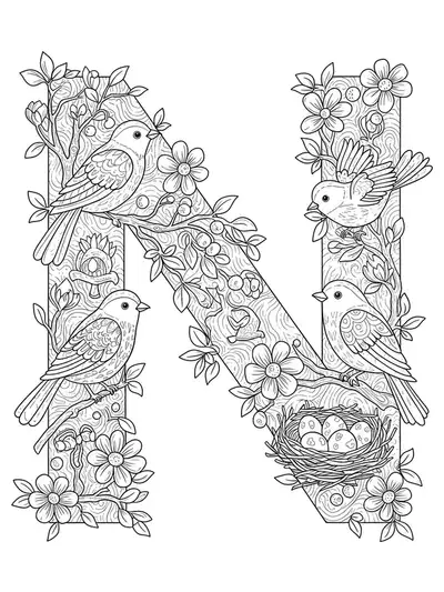 Letter N with birds, nests, branches, and eggs in intricate line art.
